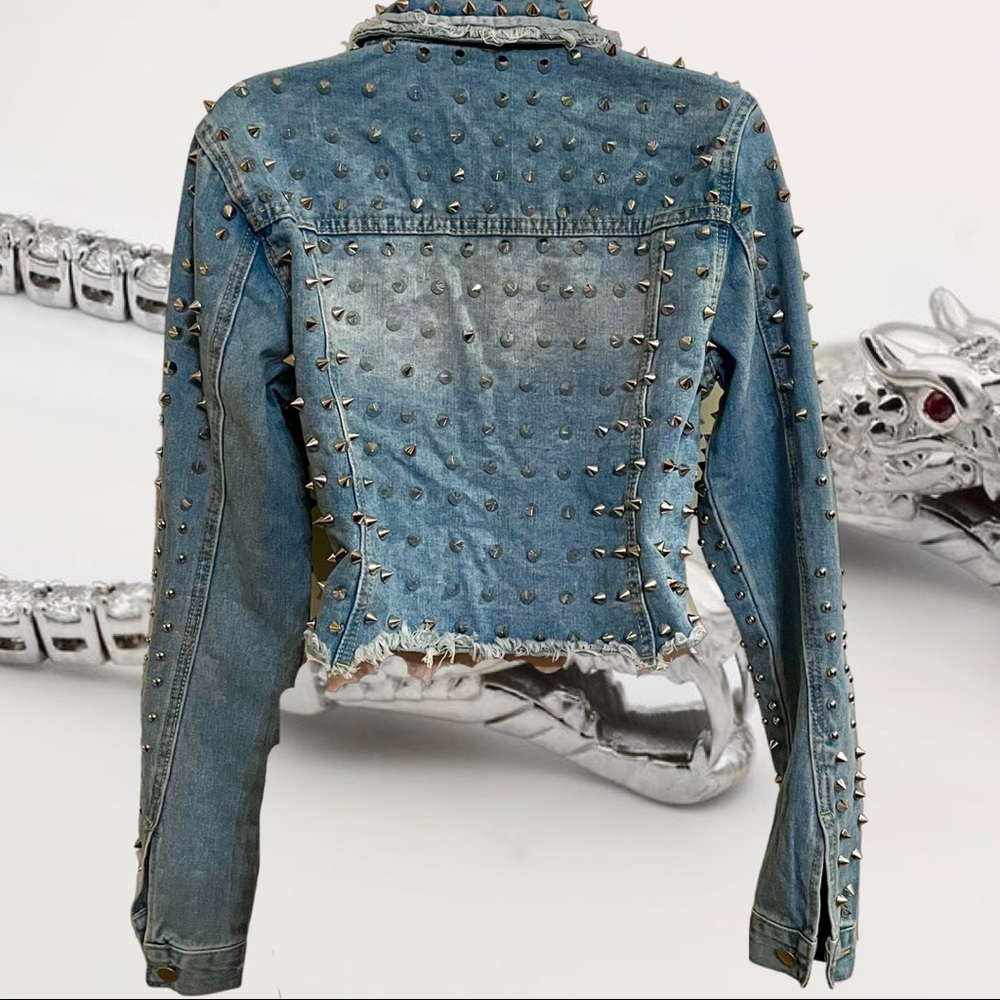 Studded Spike Distressed Frayed Denim Jean Moto Jacket - Picture 4 of 9